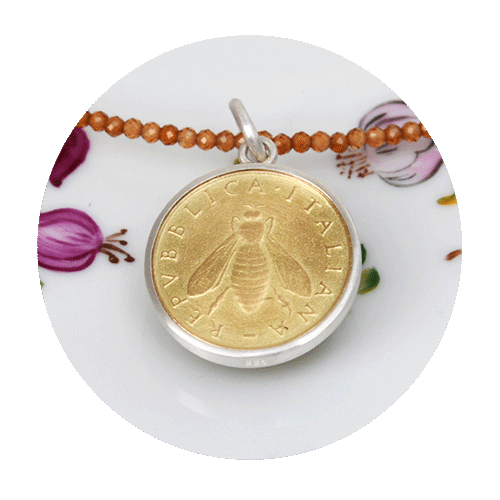 Pendant - silver setting 925/000, gold coin 750/000, fine citrine chain facetted